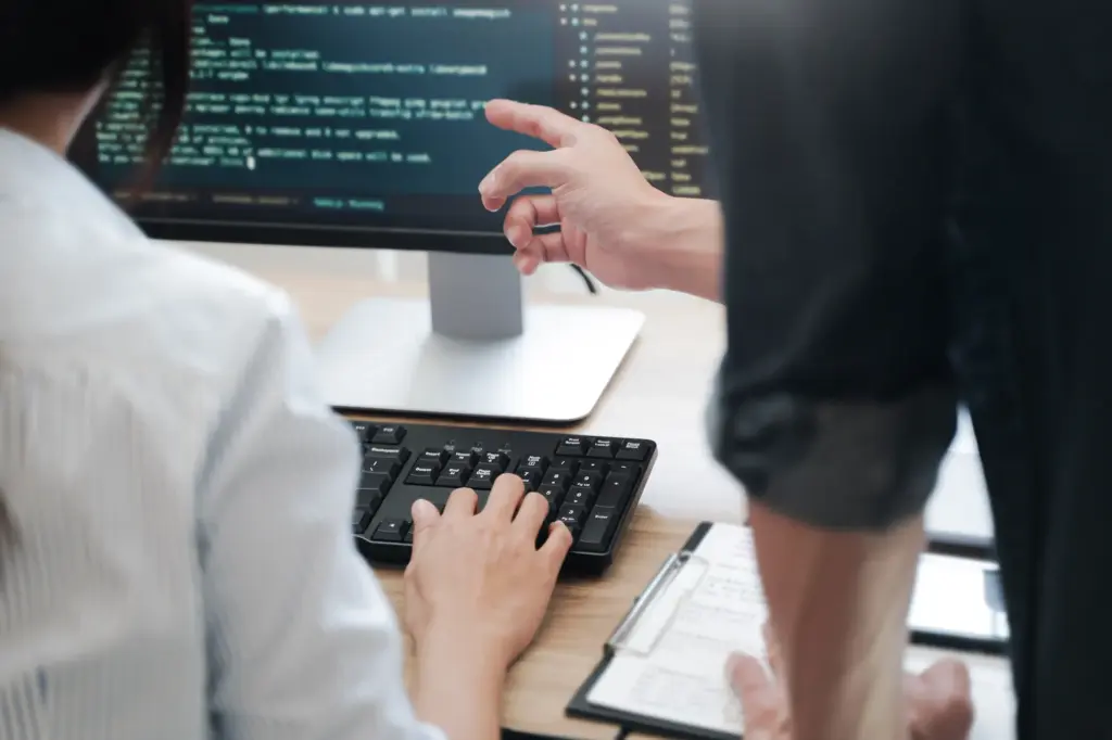 dos personas mirando la pantalla de un ordenador